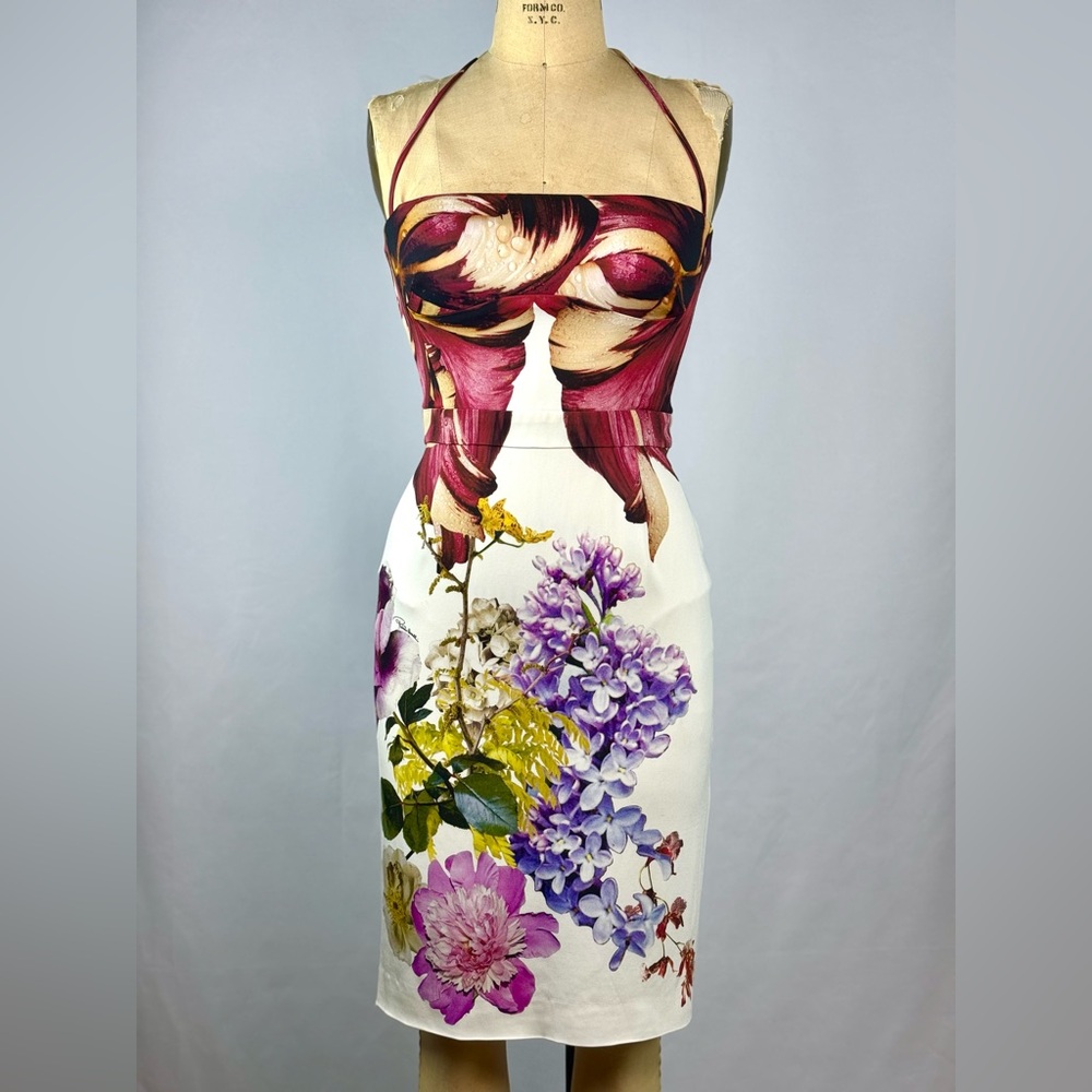 Authentic Roberto Cavalli botanical print crepe cocktail dress size 40